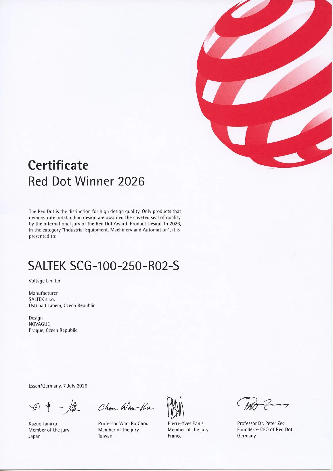 Certifikát Red Dot Winner 2026