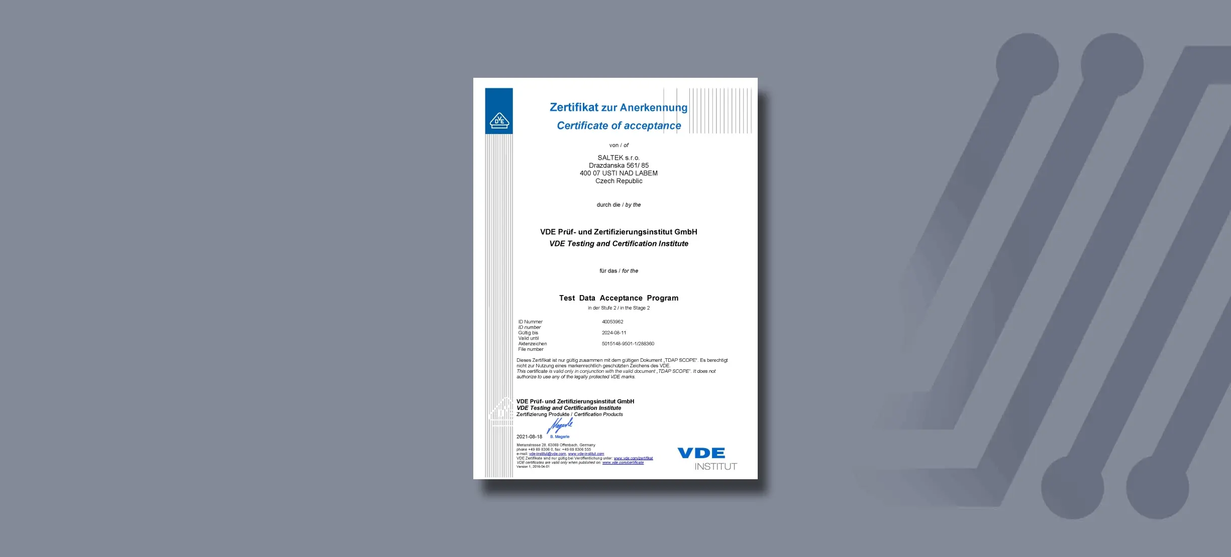 VDE-Zertifizierung des SALTEK-Labors