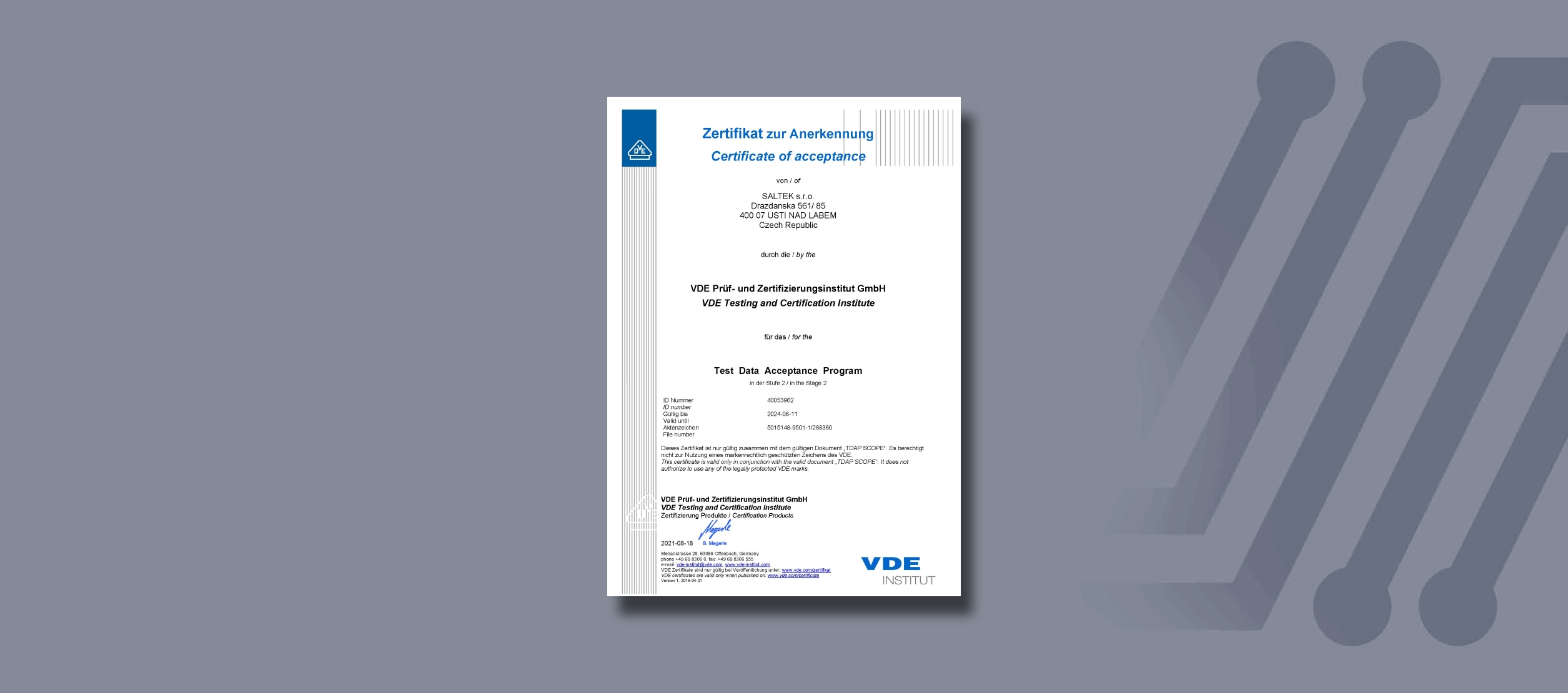 Сертификация лаборатории SALTEK по стандарту VDE